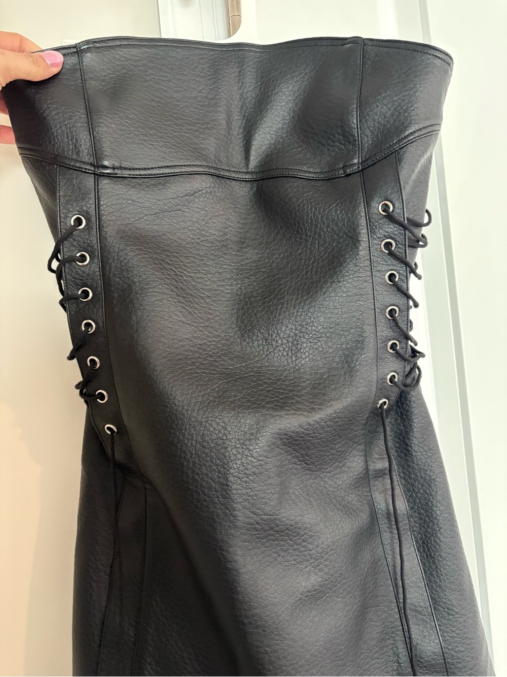 OW Strapless Black Faux Leather Lace-Up Dress